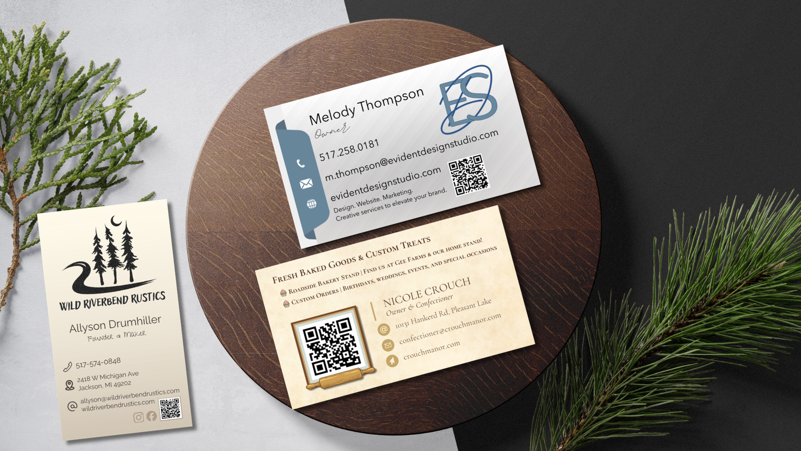 Business Cards designed by Evident Design Studio on a natural background